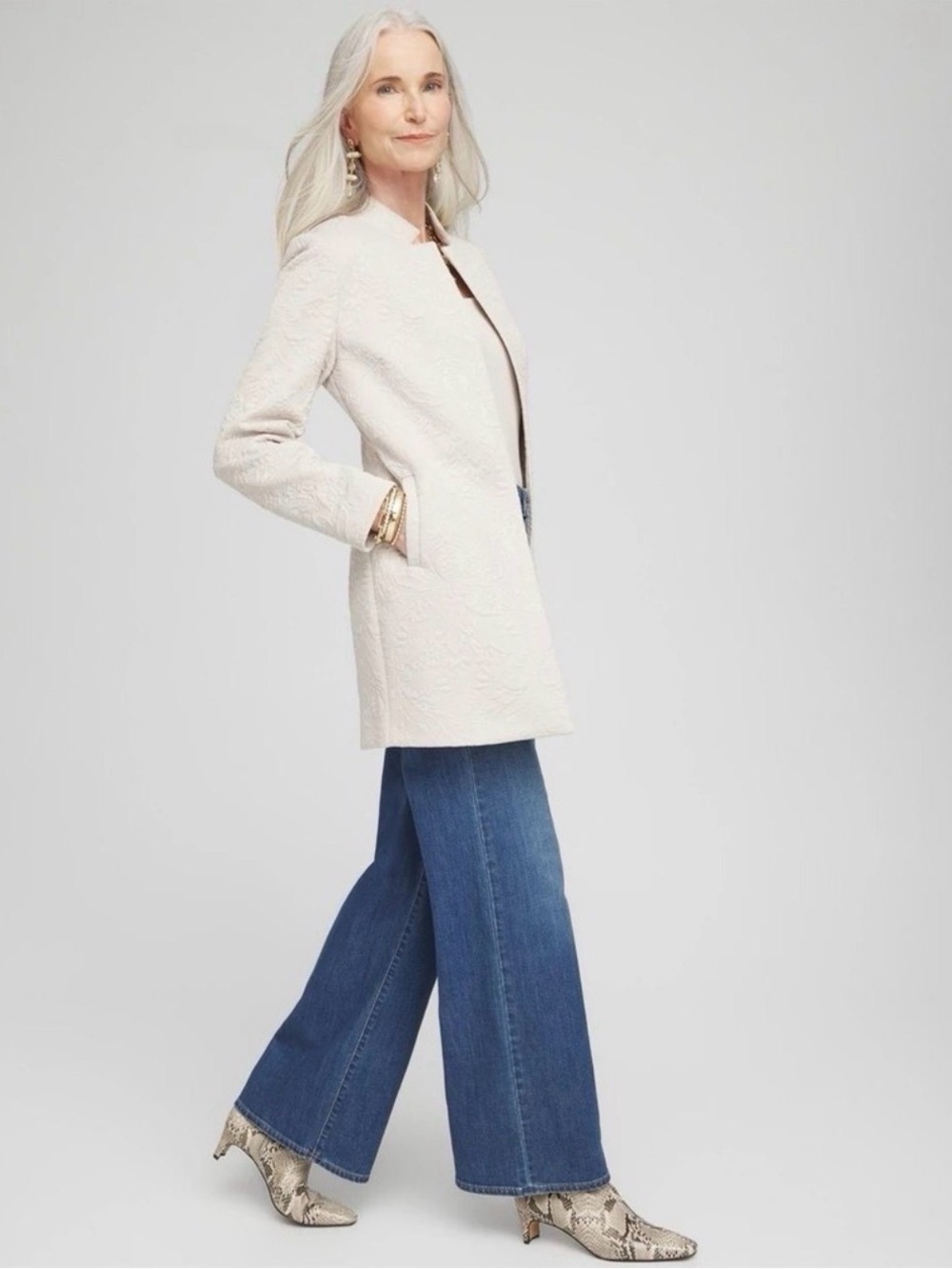 Chico’s Women’s Cream Textured Long Collarless Coat - Picture 3 of 8